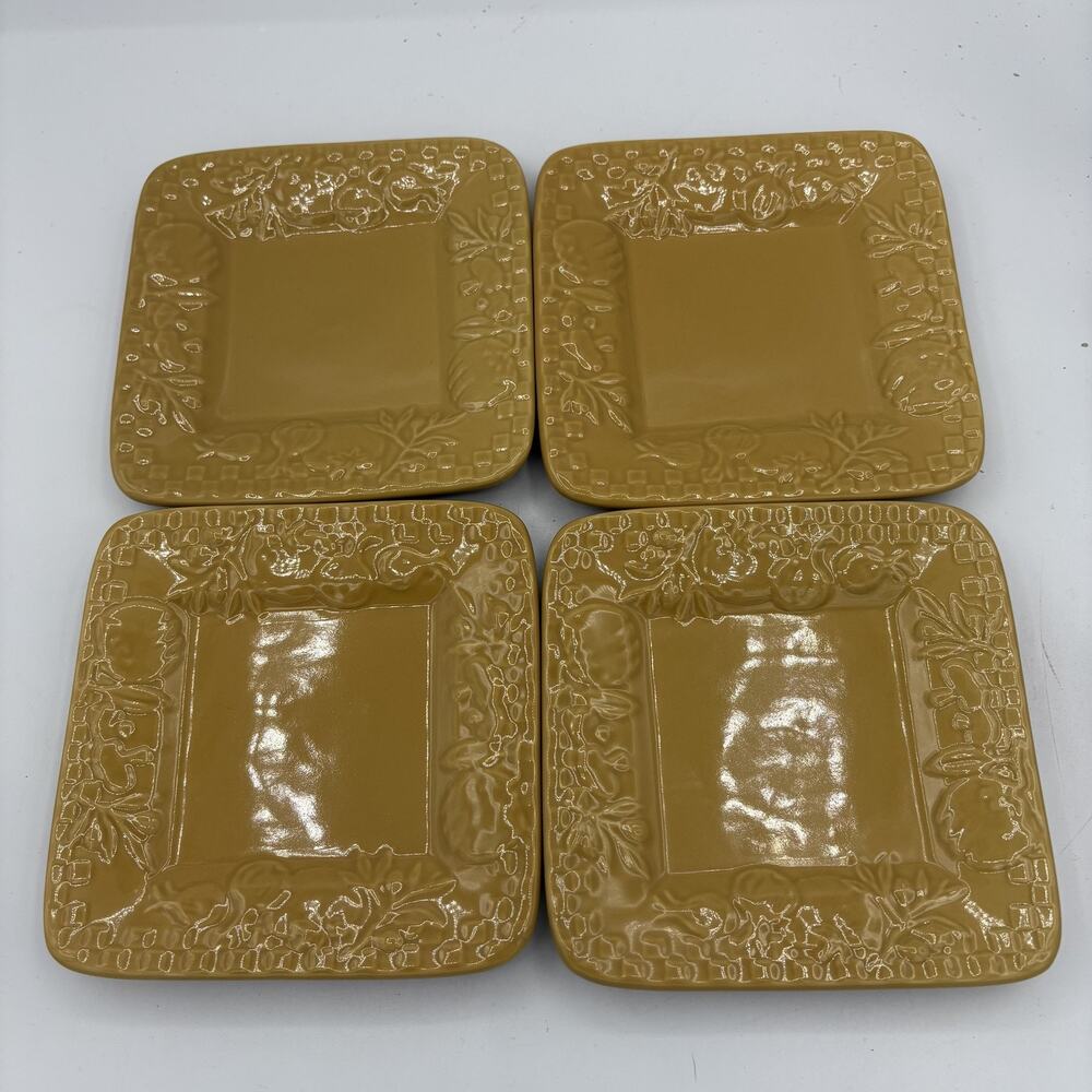 Signature Housewares Stoneware Salad Plates Set 4 Square Embossed 6"‎ Wheat Gold